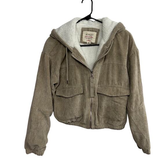 Cozy Corduroy Sherpa Hoodie Jacket Ashley Sunrise Collection Taupe Medium - Picture 1 of 8